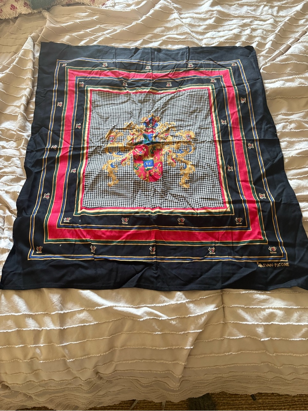 Vintage Evan-Picone Crest Scarf Old Money Preppy Rayon - Picture 7 of 7